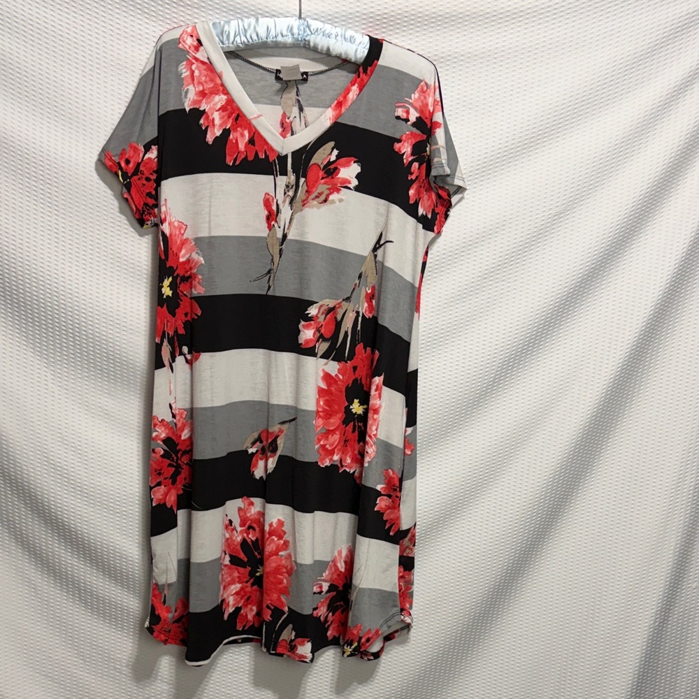 HEIMISH USA Floral and Striped V-Neck Tunic